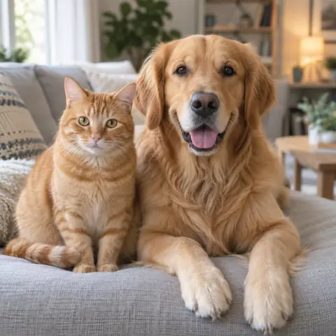 Kanepede yan yana oturan bir kedi ve bir köpeğin yapay zekâ ile üretilmiş fotoğrafı