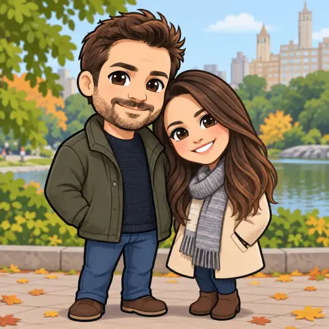 Parkta yan yana duran bir çiftin yapay zekâ ile üretilmiş fotoğrafı, Chibi stiliyle