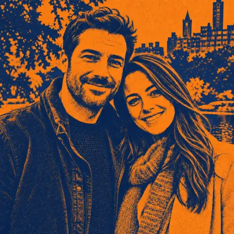 Parkta yan yana duran bir çiftin yapay zekâ ile üretilmiş fotoğrafı, Çift Ton Afiş stiliyle
