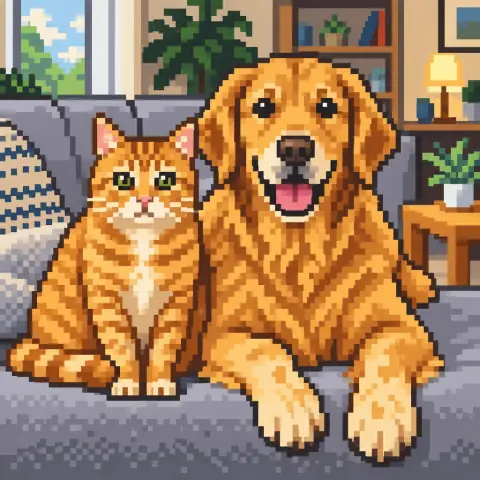 Kanepede yan yana oturan bir kedi ve bir köpeğin yapay zekâ ile üretilmiş fotoğrafı, Piksel stiliyle