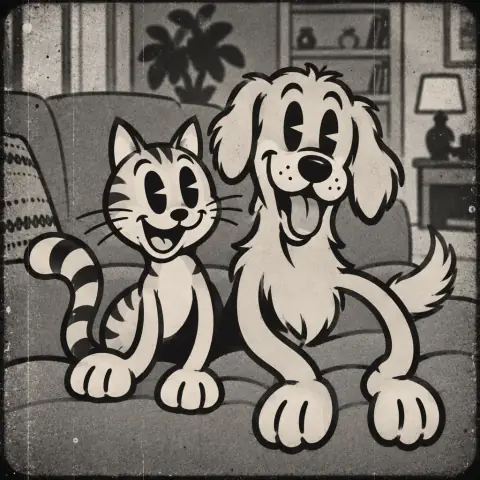 Kanepede yan yana oturan bir kedi ve bir köpeğin yapay zekâ ile üretilmiş fotoğrafı, Lastik Hortum Çizgi Film stiliyle