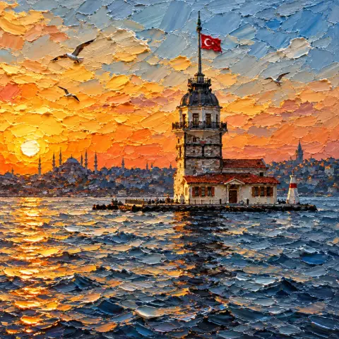 Kız Kulesi'nin yapay zekâ ile üretilmiş fotoğrafı, Kalın Boya stiliyle