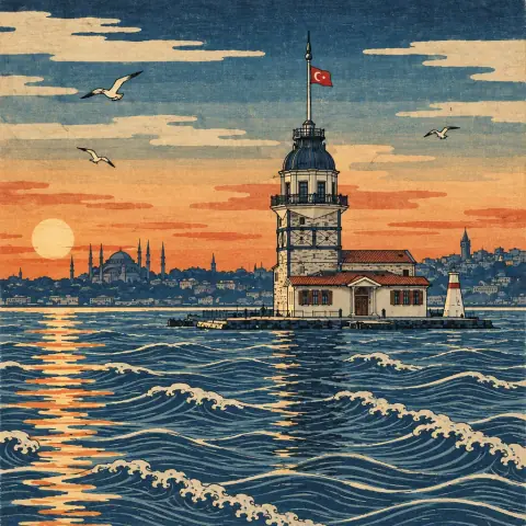 Kız Kulesi'nin yapay zekâ ile üretilmiş fotoğrafı, Ukiyo-e stiliyle